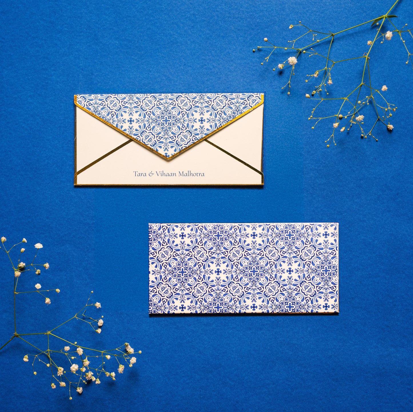 Azure money envelope; box envelope with a blue and white tile inspired design with gold foil edges