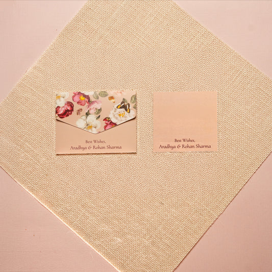 Aurelia notecard; a card with a floral print on a pink background paired with a matching small envelope