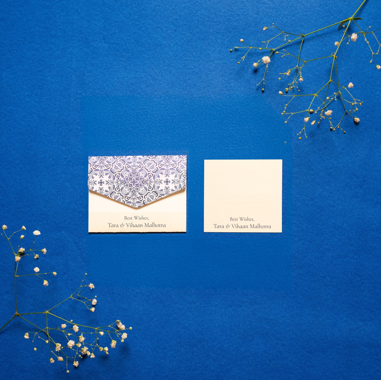 Auzure notecard; a card with a blue and white tile inspired design paired with a matching small envelope
