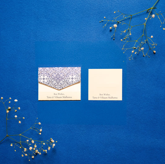 Auzure notecard; a card with a blue and white tile inspired design paired with a matching small envelope
