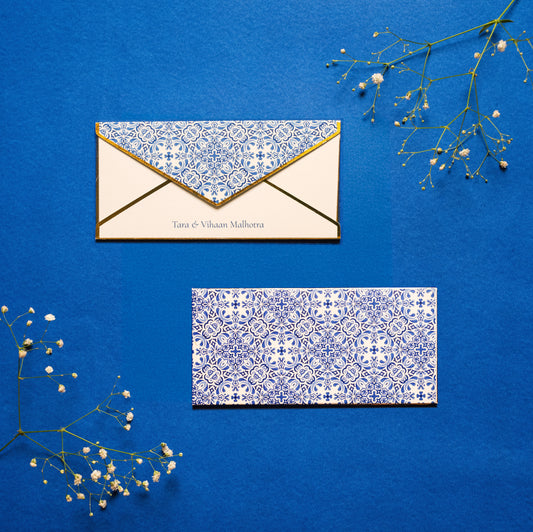 Azure money envelope; box envelope with a blue and white tile inspired design with gold foil edges