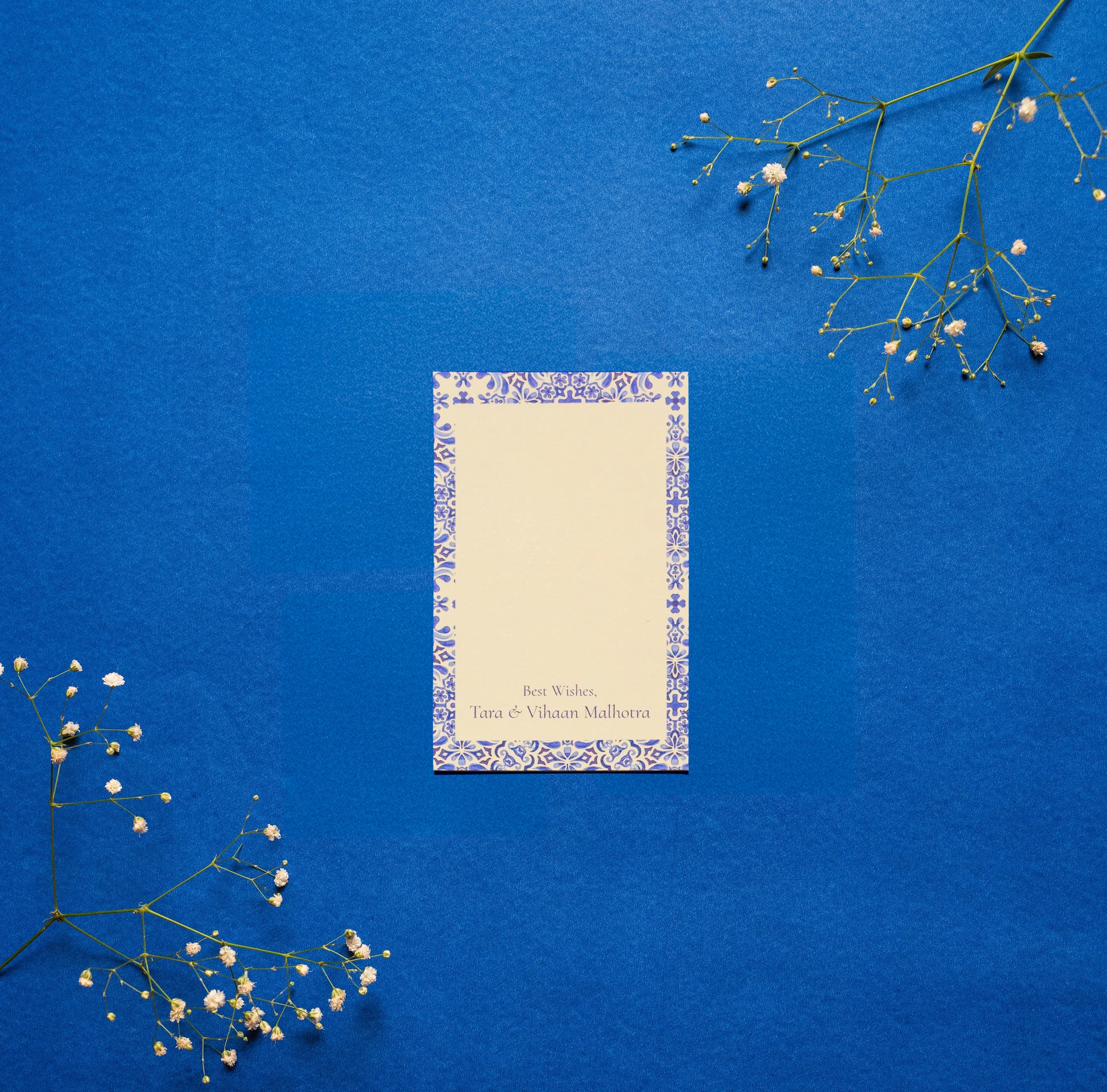 Auzure gift tag; a single side printed gift tag with a blue and white tile inspired design