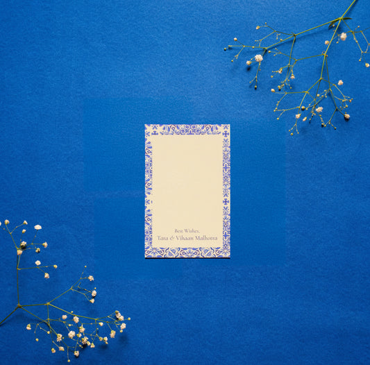Auzure gift tag; a single side printed gift tag with a blue and white tile inspired design