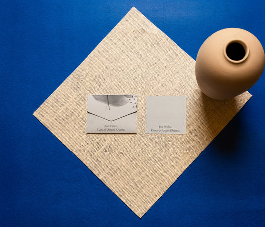 Celeste notecard; a card with a grey, black and white abstract print on a blue background paired with a matching small envelope
