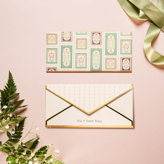 Isola money envelope; box envelope with delicate, Mughal inspired florals within arches with a floral border and gold foiled edges
