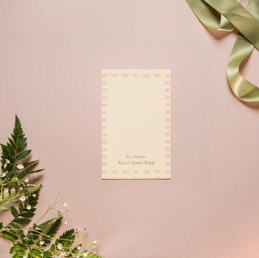 Isola gift tag; a single side printed gift tag with  delicate, Mughal inspired florals within arches with a floral border