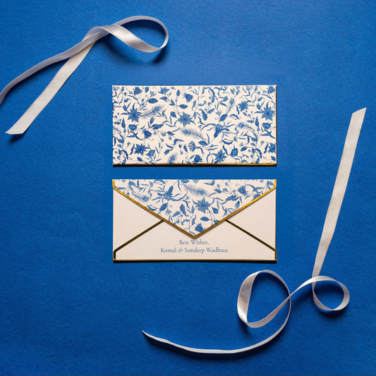 Lapis money envelope; box envelope with a blue and white floral print and gold foiled edges
