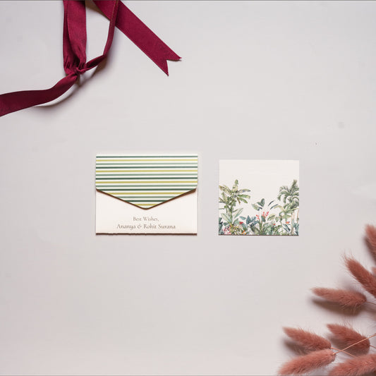 Oasis notecard; a card with a tropical jungle print on a white background paired with a matching small envelope
