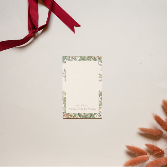Oasis gift tag; a single side printed gift tag with a tropical jungle print on a white background