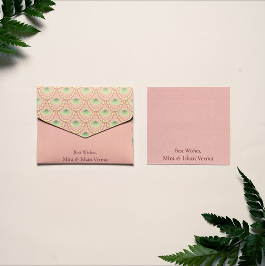 Palmera notecard; a card with with a repeating pattern of pink arches with palms paired with a matching small envelope
