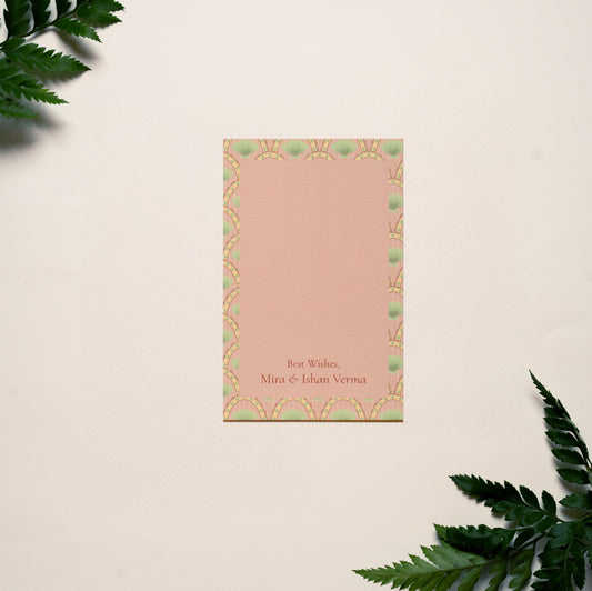 Palmera gift tag; a single side printed gift tag with with a repeating pattern of pink arches with palms