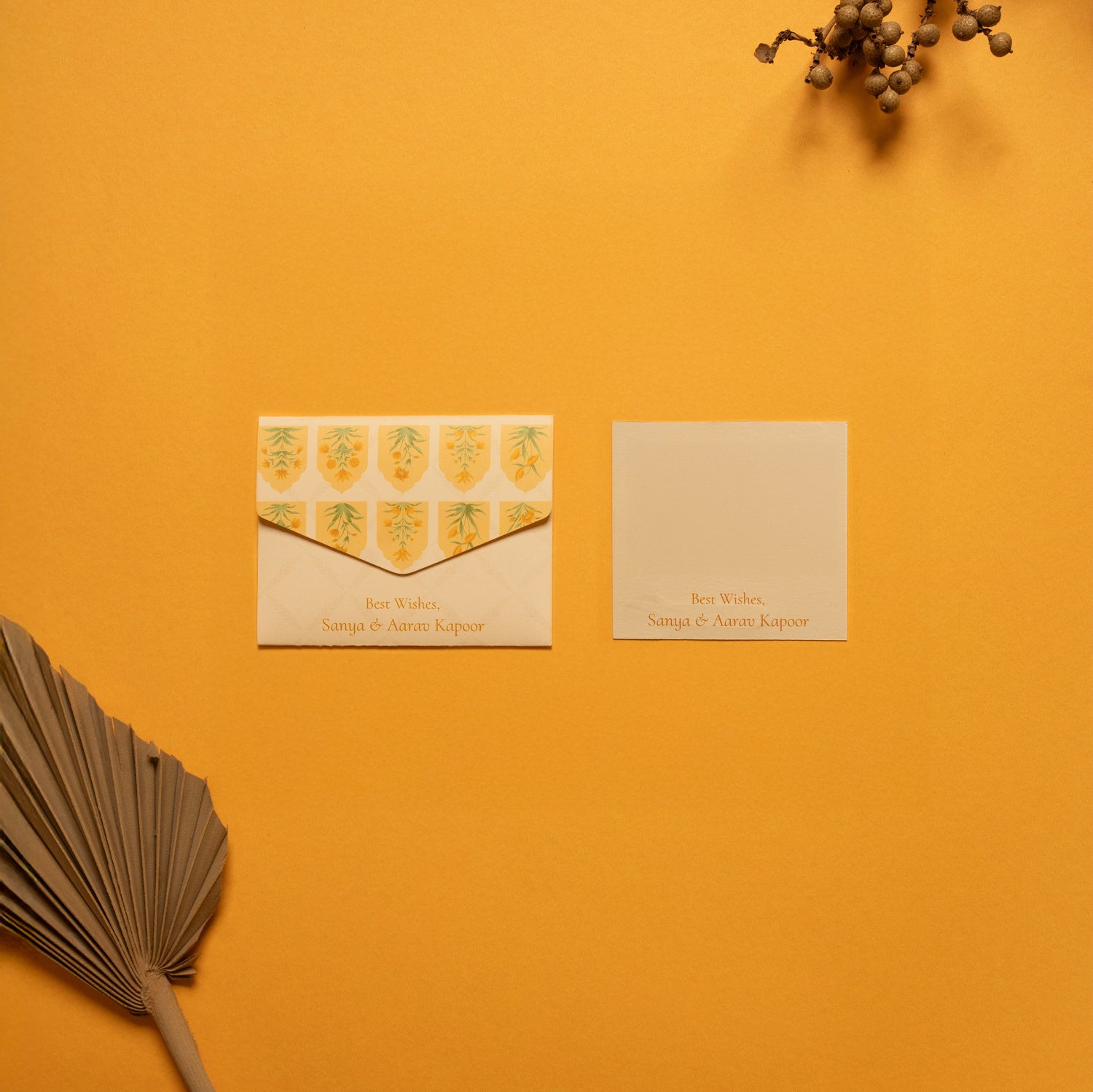 Solenne notecard; a card with a geometric pattern of mughal flowers within arches paired with a matching small envelope
