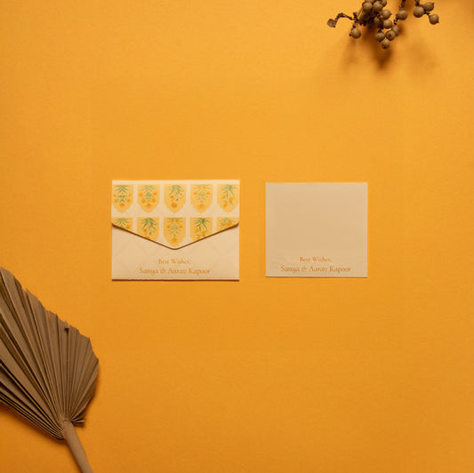 Solenne notecard; a card with a geometric pattern of mughal flowers within arches paired with a matching small envelope
