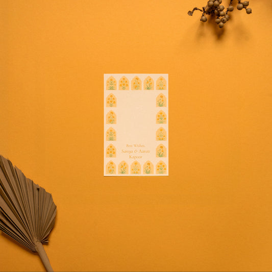 Solenne notecard; a card with a geometric pattern of mughal flowers within arches paired with a matching small envelope