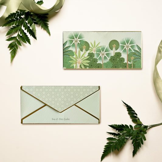 Virena money envelope; box envelope with pichwai inspired jungle illustration on a green background and gold foiled edges