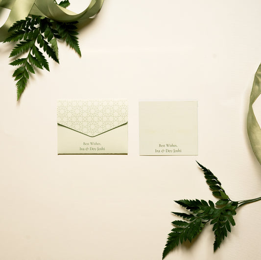 Virena notecard; a card with pichwai inspired jungle illustration on a green background paired with a matching small envelope
