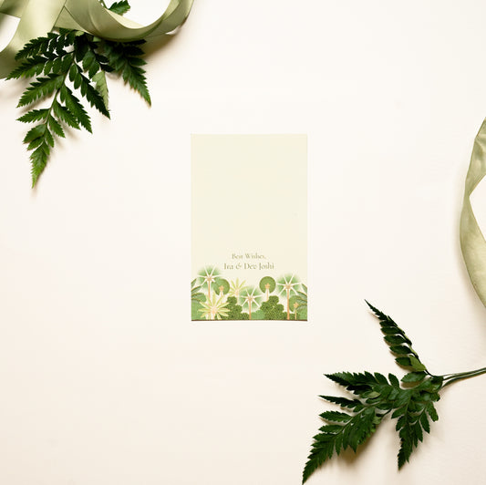 Virena gift tag; a single side printed gift tag with pichwai inspired jungle illustration on a green background